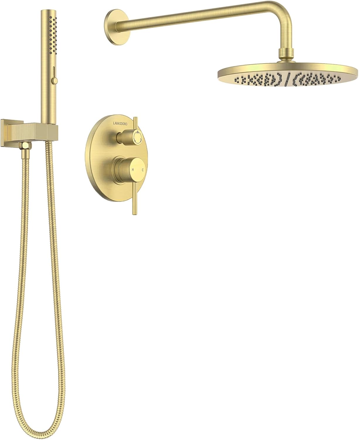 Lava Odoro Modern 3-Setting Round Rain Bathtub and Shower Faucet Set, Gold Rainfall Shower Head and Handle Set, Rain Shower System with Tub Spout, Shower Valve Trim Kit, Brushed Gold, SF104-SG-T