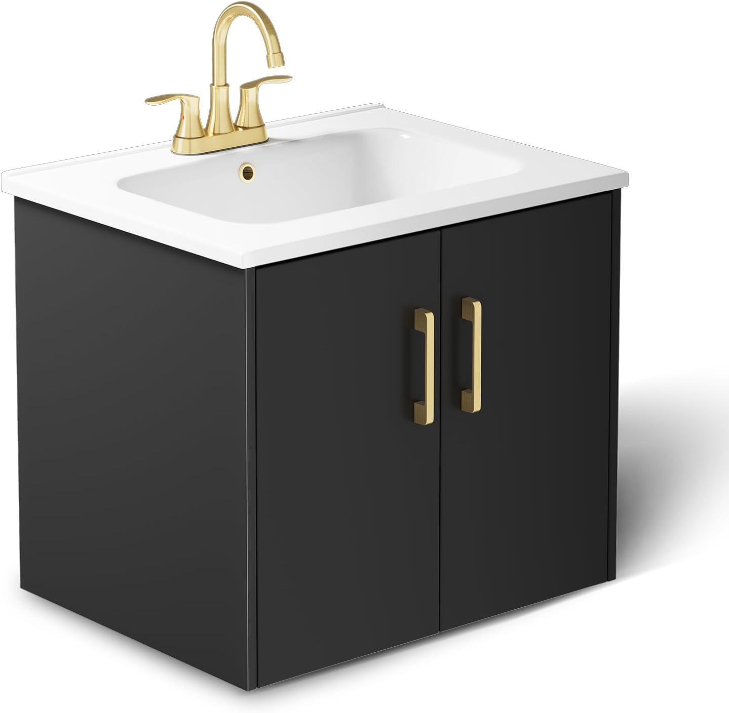 phiestina Pre-Assembled 24 Inch Floating Bathroom Vanity, Wall Mounted Black Cabinet with 2 Soft-Close Doors,3 Holes Ceramic Countertop Sink Combo,No Faucet,BV08-24-BLACK