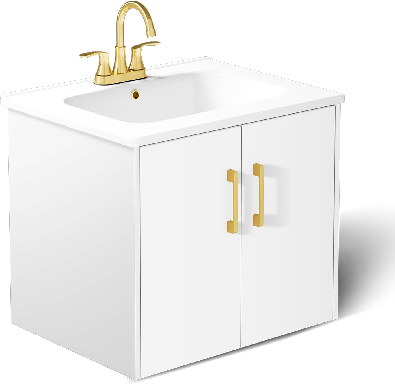 phiestina Pre-Assembled 24 Inch Floating Bathroom Vanity, Wall Mounted Black Cabinet with 2 Soft-Close Doors,3 Holes Ceramic Countertop Sink Combo,No Faucet,BV08-24-BLACK