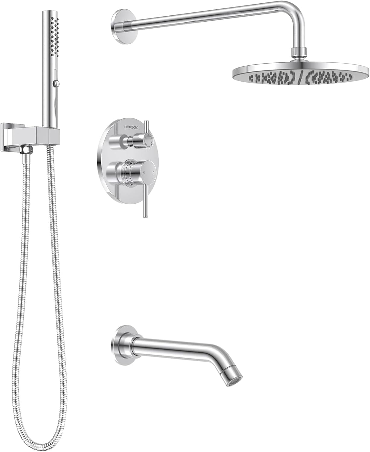 Lava Odoro Modern 3-Setting Round Rain Bathtub and Shower Faucet Set, Gold Rainfall Shower Head and Handle Set, Rain Shower System with Tub Spout, Shower Valve Trim Kit, Brushed Gold, SF104-SG-T