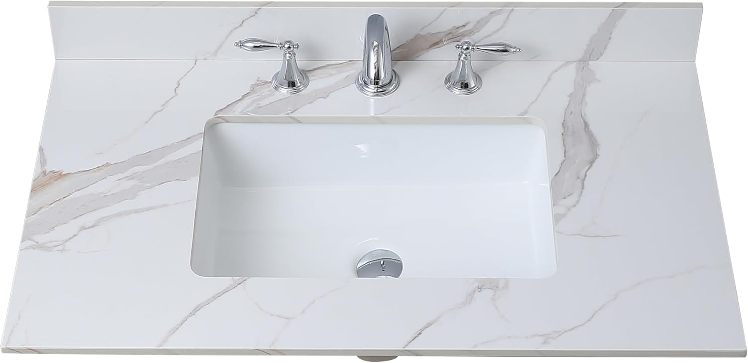 Montary 43"x 22" Bathroom Vanity Top with Undermounted Large Ceramic Sink & Backsplash, Sintered Stone Artificial Marble Vanity Sink Tops with 1 Pre-Drilled Hole for Bathroom, Gray Gold Veins