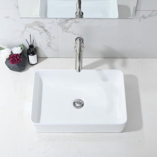 20 Inch Bathroom Sink Rectangular Above Counter, 20x14 Inch Modern White Vessel Sink Porcelain Ceramic Countertop Hand Wash Vessel Vanity Sink Art Basin