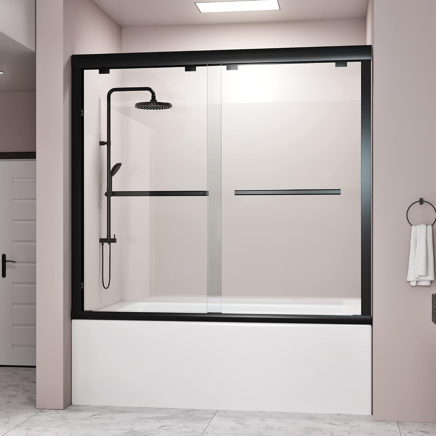 DELAVIN 56-60" W x 59" H Frameless Sliding Bathtub Door, Tub Shower Door, Bathtub Glass Door, Bathtub Shower Door, 5/16" (8mm) Certified Clear Tempered Glass, Stainless Steel Frame, Matte Black