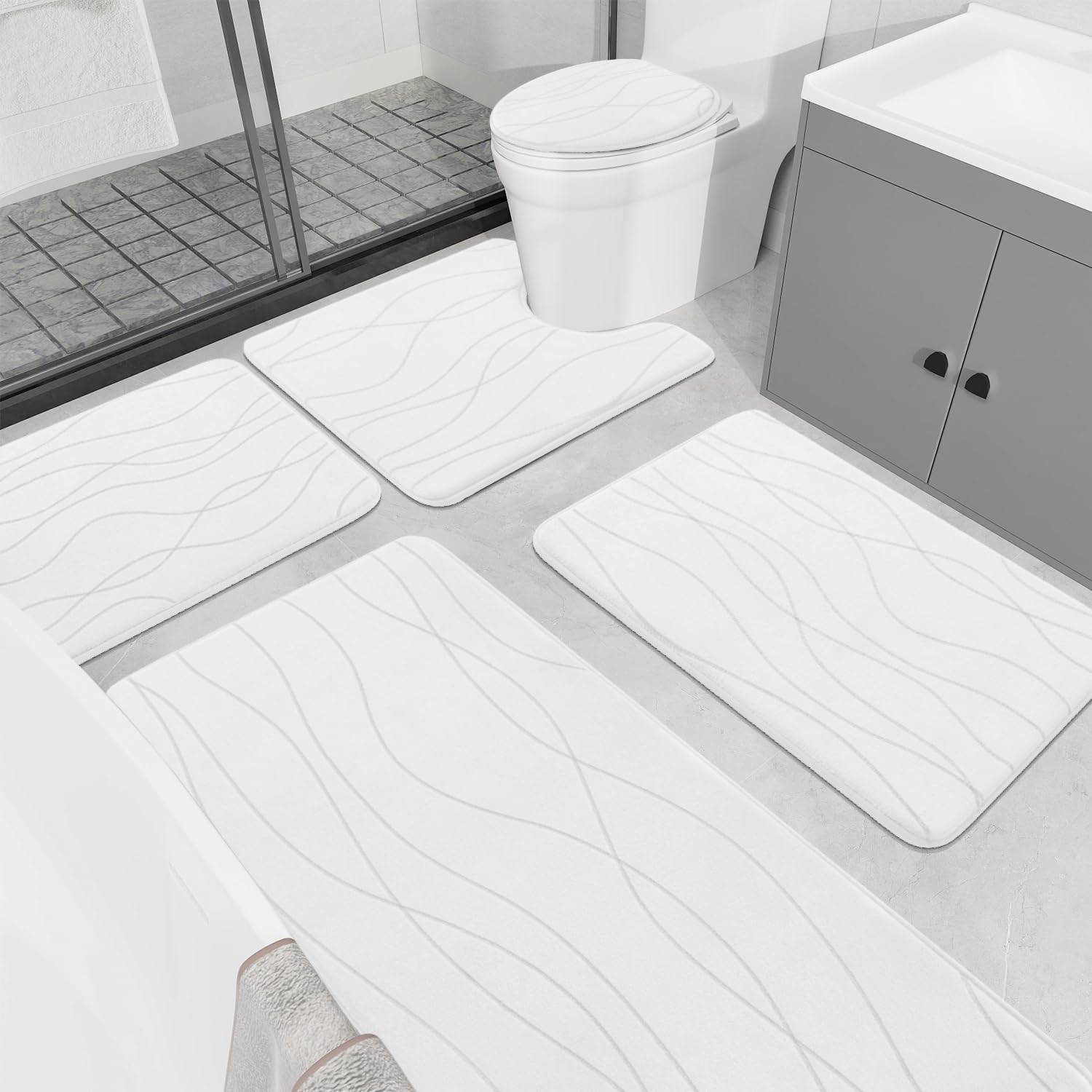 YIHOUSE Memory Foam Grey Bathroom Rug Sets 5 Piece, Ultra Absorbent Bath Mat for Bathroom - Non-Slip Machine Washable & Dry Quickly, 5 Piece Bathroom Mat Set, Dark Grey