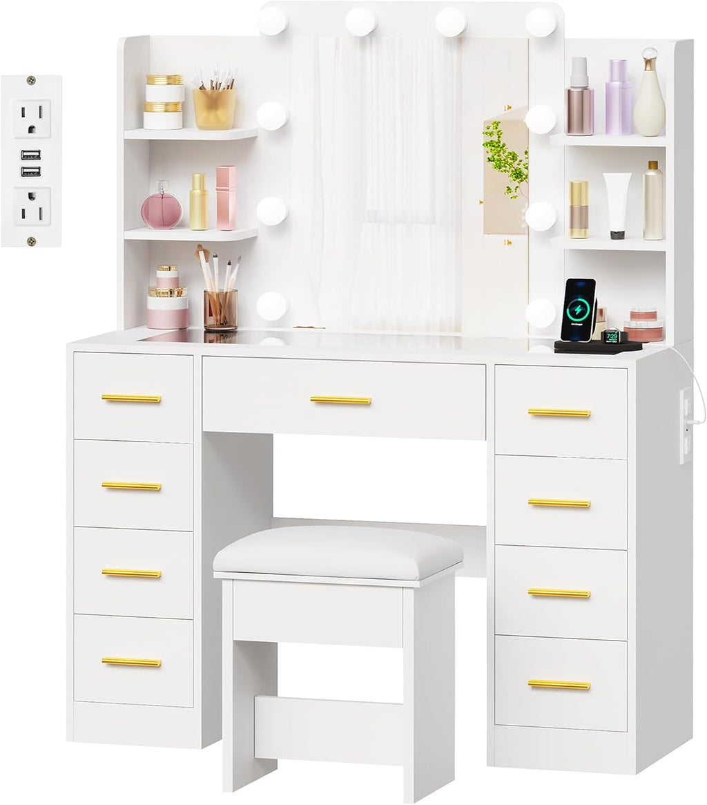 BEWISHOME Makeup Vanity Desk with Mirror and Lights White Vanity Table with Glass Top Power Outlet Stool,Makeup Desk with 9 Drawers and 4 Storage Shelves,Dressing Table for Bedroom Women FST39W