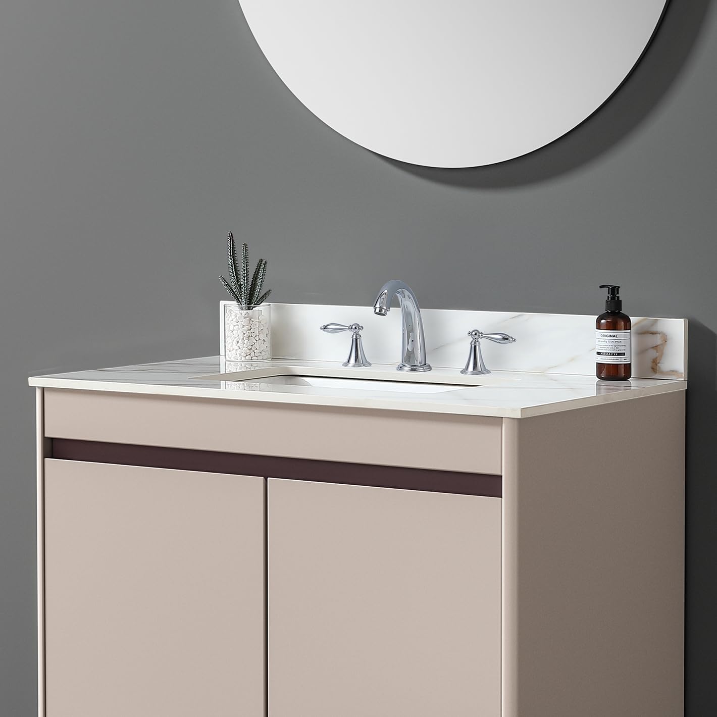 37" Bathroom Vanity Top with Ceramic Undermount Sink & Backsplash,Calacatta Gold Sintered Stone Counter Top, 3 Holes Vanity Sink Top