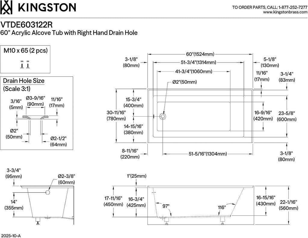 KINGSTON BRASS VTDE603122R 60-Inch Contemporary Alcove Acrylic Bathtub with Right Hand Drain and Overflow Holes, White