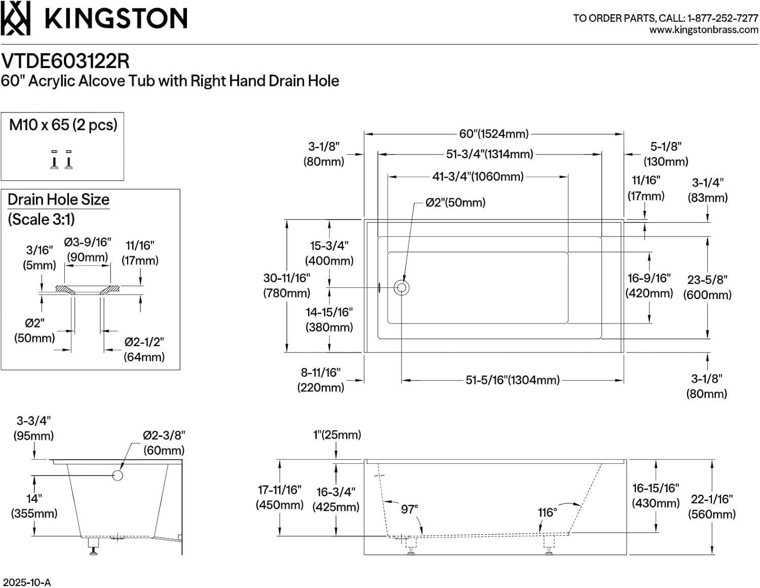 KINGSTON BRASS VTDE603122R 60-Inch Contemporary Alcove Acrylic Bathtub with Right Hand Drain and Overflow Holes, White
