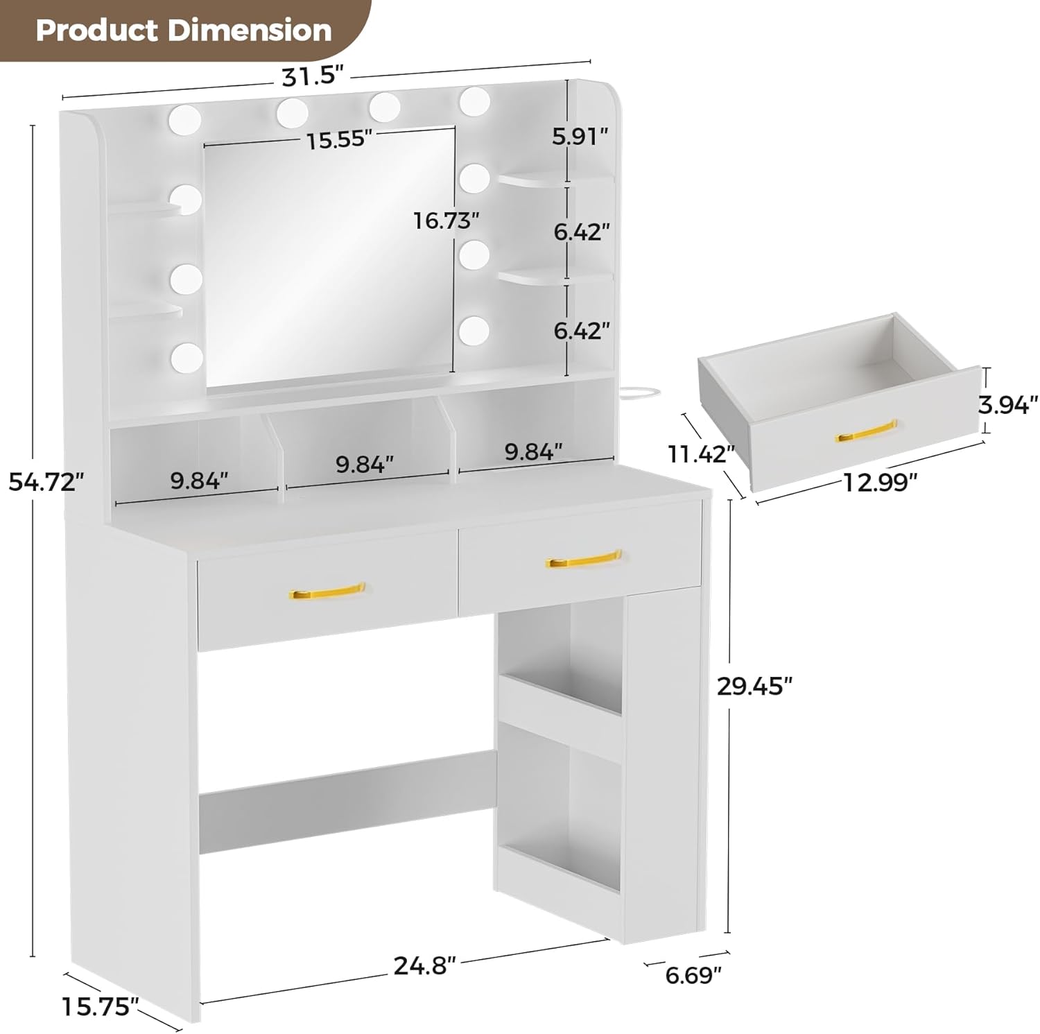 COMHOMA Vanity Desk with Lighted Mirror and Power Outlet, RGB LED Lights Makeup Vanity Set for Girls, Large Storage Capacity Dressing Table for Bedroom, 3 Lighting Modes Adjustable Brightness, White