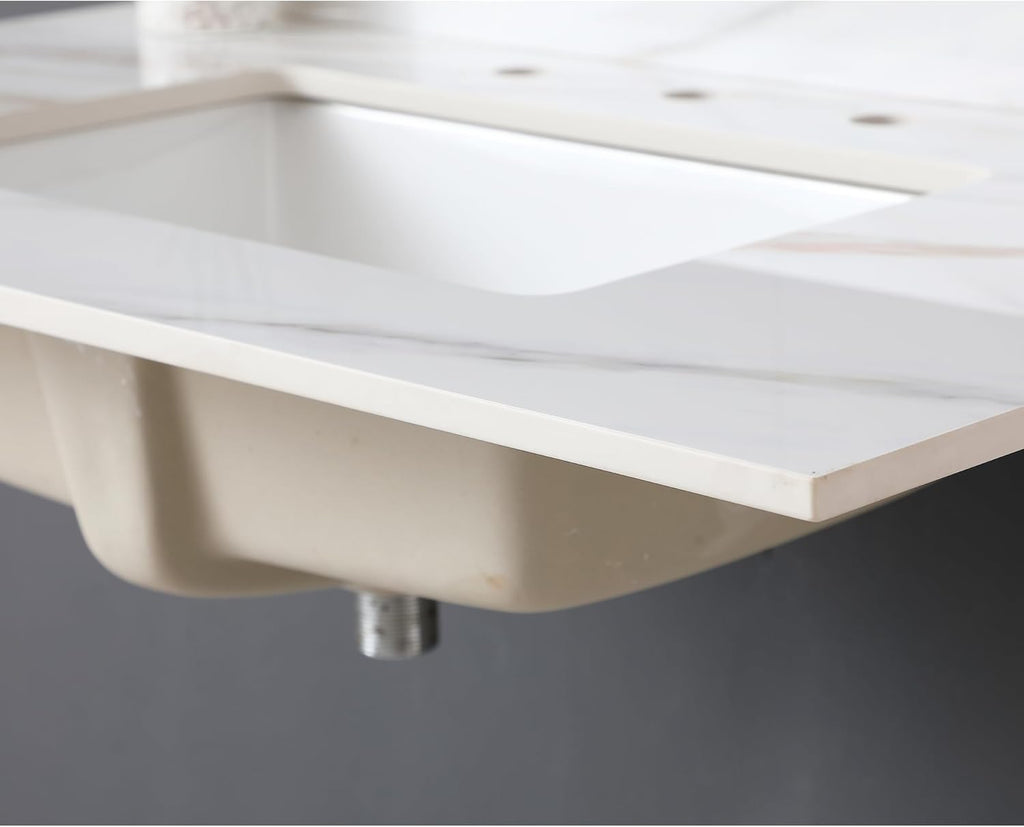 37" Bathroom Vanity Top with Ceramic Undermount Sink & Backsplash,Calacatta Gold Sintered Stone Counter Top, 3 Holes Vanity Sink Top
