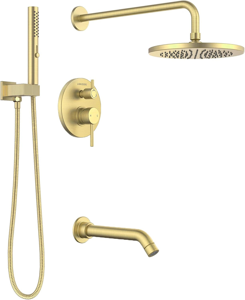 Lava Odoro Modern 3-Setting Round Rain Bathtub and Shower Faucet Set, Gold Rainfall Shower Head and Handle Set, Rain Shower System with Tub Spout, Shower Valve Trim Kit, Brushed Gold, SF104-SG-T