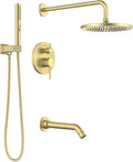 Lava Odoro Modern 3-Setting Round Rain Bathtub and Shower Faucet Set, Gold Rainfall Shower Head and Handle Set, Rain Shower System with Tub Spout, Shower Valve Trim Kit, Brushed Gold, SF104-SG-T