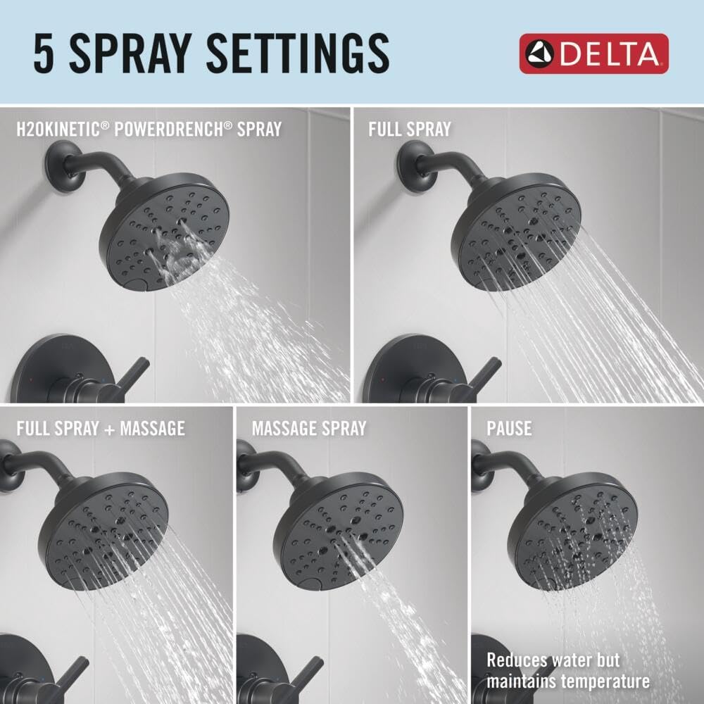 Delta Nicoli 14 Series H2Okinetic Bathtub and Shower Faucet Set, Matte Black Shower Head and Handle Set, Valve Trim Kit, Matte Black 144749-BL (Valve Included)