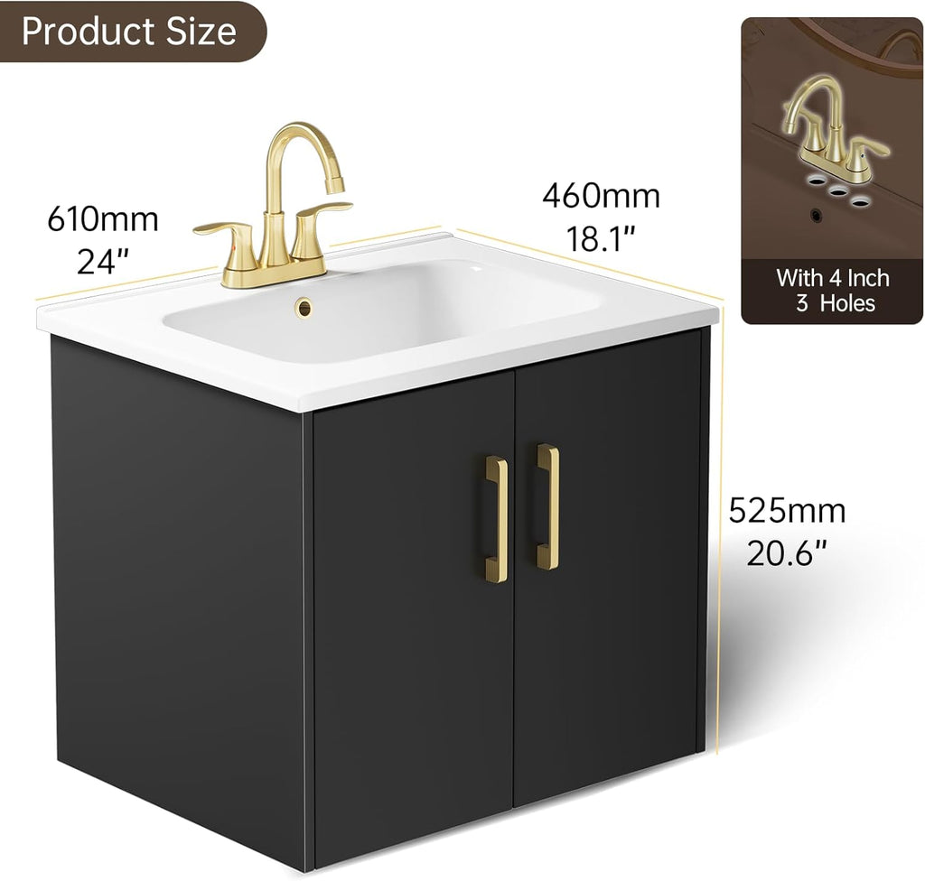 phiestina Pre-Assembled 24 Inch Floating Bathroom Vanity, Wall Mounted Black Cabinet with 2 Soft-Close Doors,3 Holes Ceramic Countertop Sink Combo,No Faucet,BV08-24-BLACK