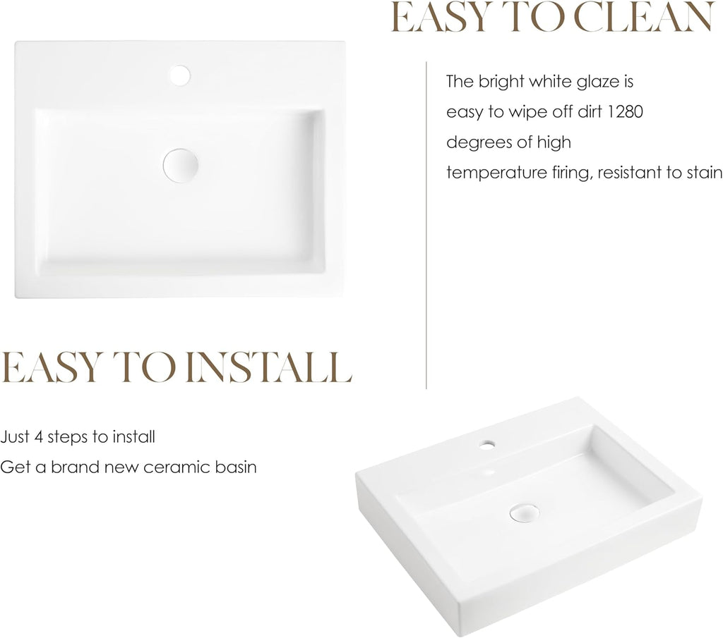 24 x18 Inch Rectangular White Bathroom Vessel Sink, Above Counter Porcelain Ceramic Sinks,Vanity Lavatory Bath Countertop Bathroom Sinks Bowl Basin with Faucet Hole(LA-4427)