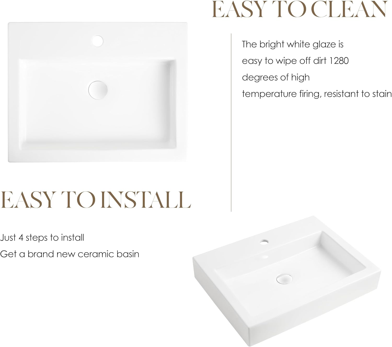 24 x18 Inch Rectangular White Bathroom Vessel Sink, Above Counter Porcelain Ceramic Sinks,Vanity Lavatory Bath Countertop Bathroom Sinks Bowl Basin with Faucet Hole(LA-4427)