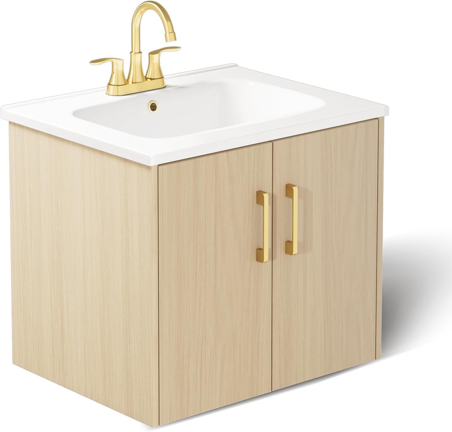 phiestina Pre-Assembled 24 Inch Floating Bathroom Vanity, Wall Mounted Black Cabinet with 2 Soft-Close Doors,3 Holes Ceramic Countertop Sink Combo,No Faucet,BV08-24-BLACK