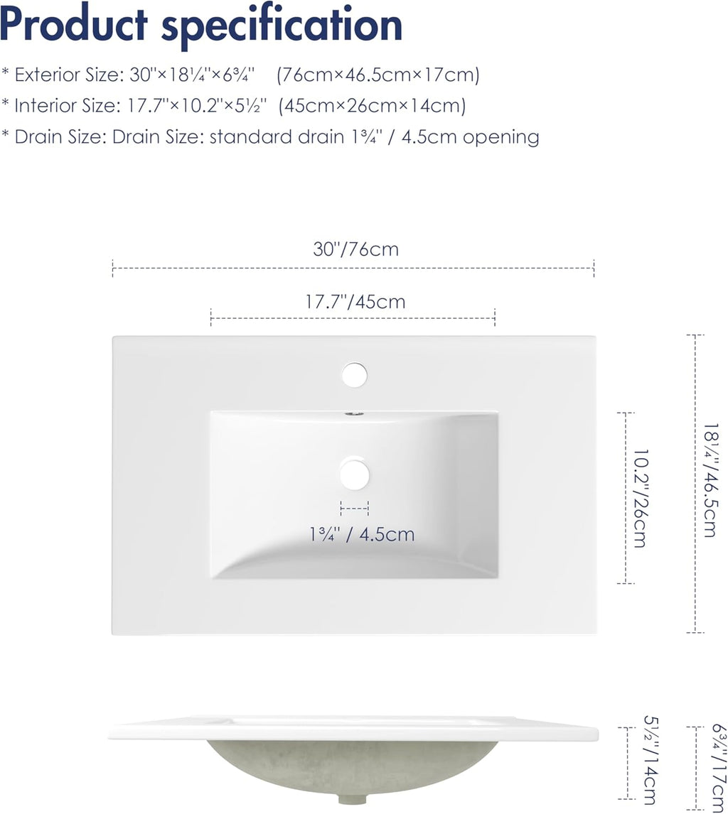 Eridanus 30"x18¼" Bathroom Vessel Sink, Ceramic Bathroom Vanity Sink Top with Overflow, Drop in Bathroom Sink Rectangle Ideal for Small Spaces, Convenient for Storing Personal Items - Glossy White