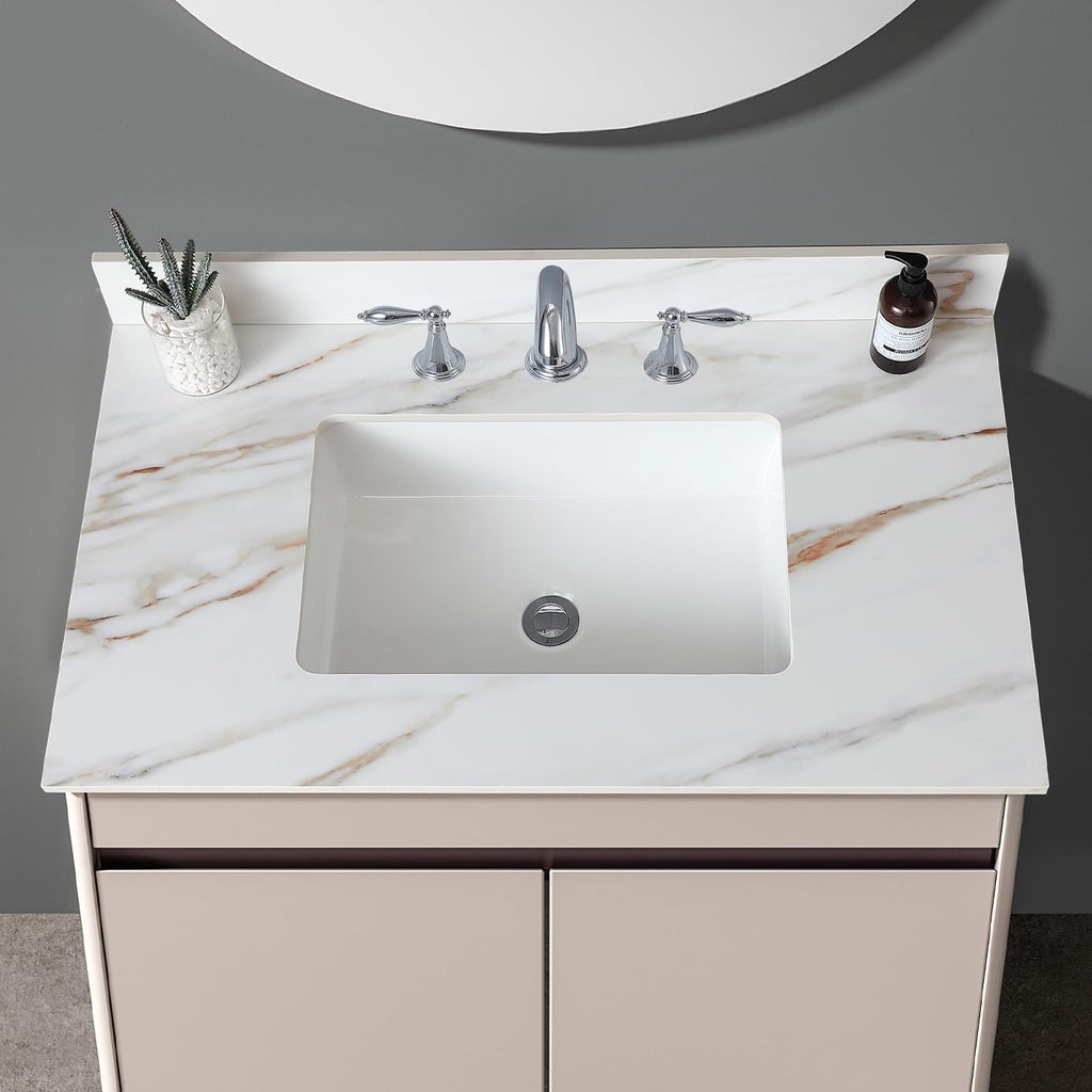37" Bathroom Vanity Top with Ceramic Undermount Sink & Backsplash,Calacatta Gold Sintered Stone Counter Top, 3 Holes Vanity Sink Top