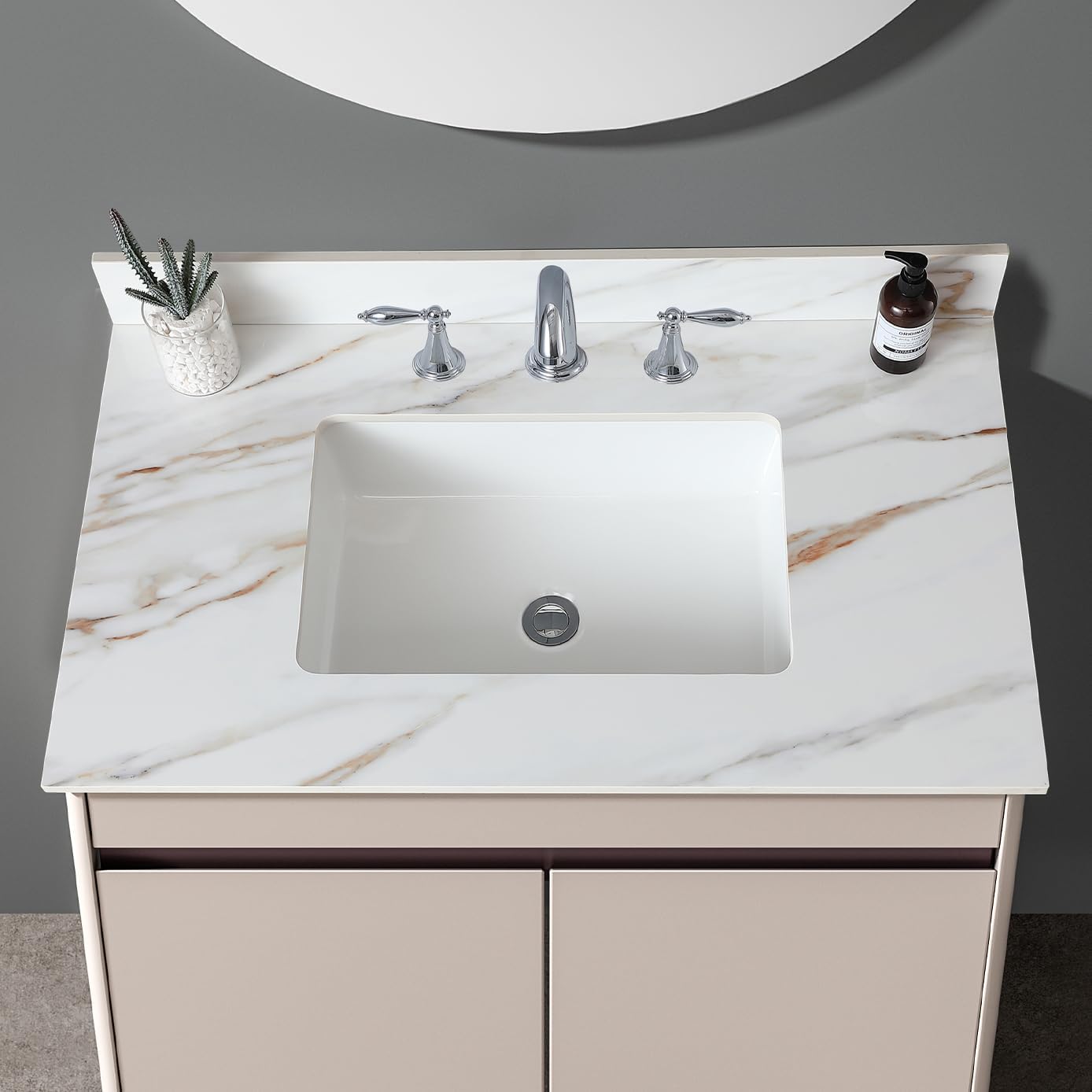 37" Bathroom Vanity Top with Ceramic Undermount Sink & Backsplash,Calacatta Gold Sintered Stone Counter Top, 3 Holes Vanity Sink Top