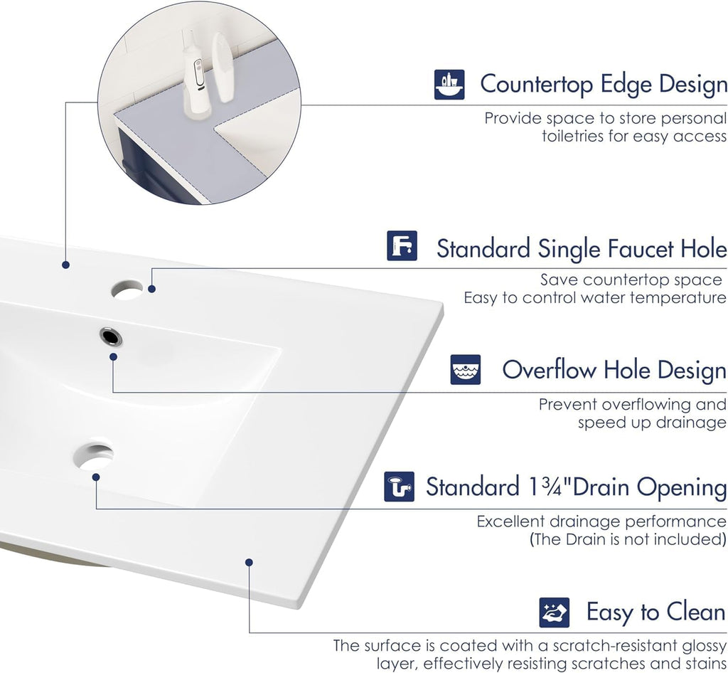 Eridanus 30"x18¼" Bathroom Vessel Sink, Ceramic Bathroom Vanity Sink Top with Overflow, Drop in Bathroom Sink Rectangle Ideal for Small Spaces, Convenient for Storing Personal Items - Glossy White