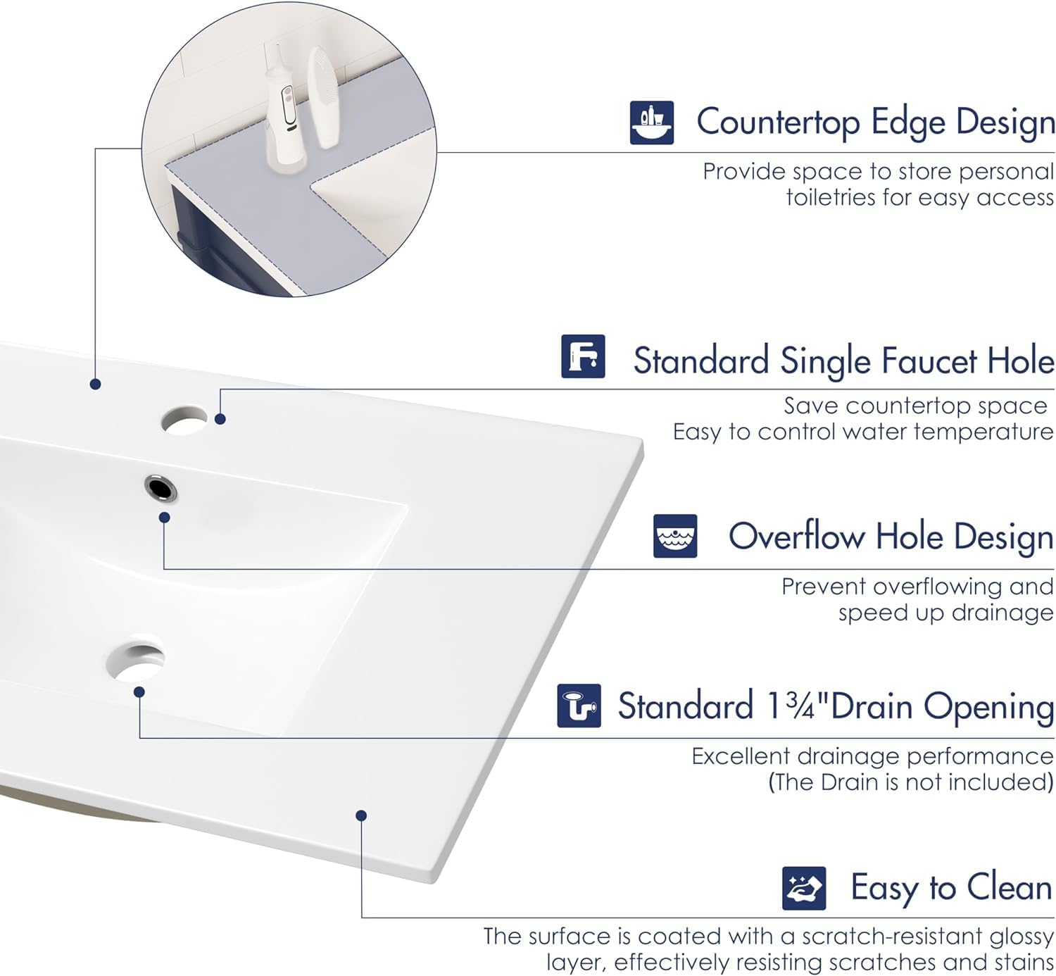 Eridanus 30"x18¼" Bathroom Vessel Sink, Ceramic Bathroom Vanity Sink Top with Overflow, Drop in Bathroom Sink Rectangle Ideal for Small Spaces, Convenient for Storing Personal Items - Glossy White