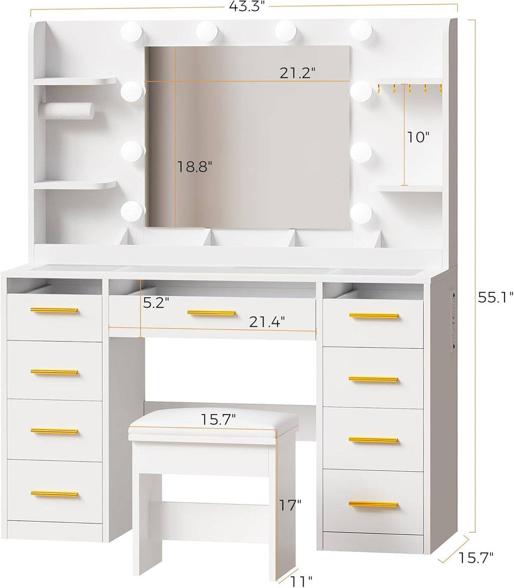 ANWBROAD Vanity Desk with Mirror and Lights 3 Colors Large Makeup Vanity Table Set Transparent Glass Top with 9 RGB Drawers, 4 Shelves Vanity Desk with Stool Power Outlet White Bedroom Women UBDT94W