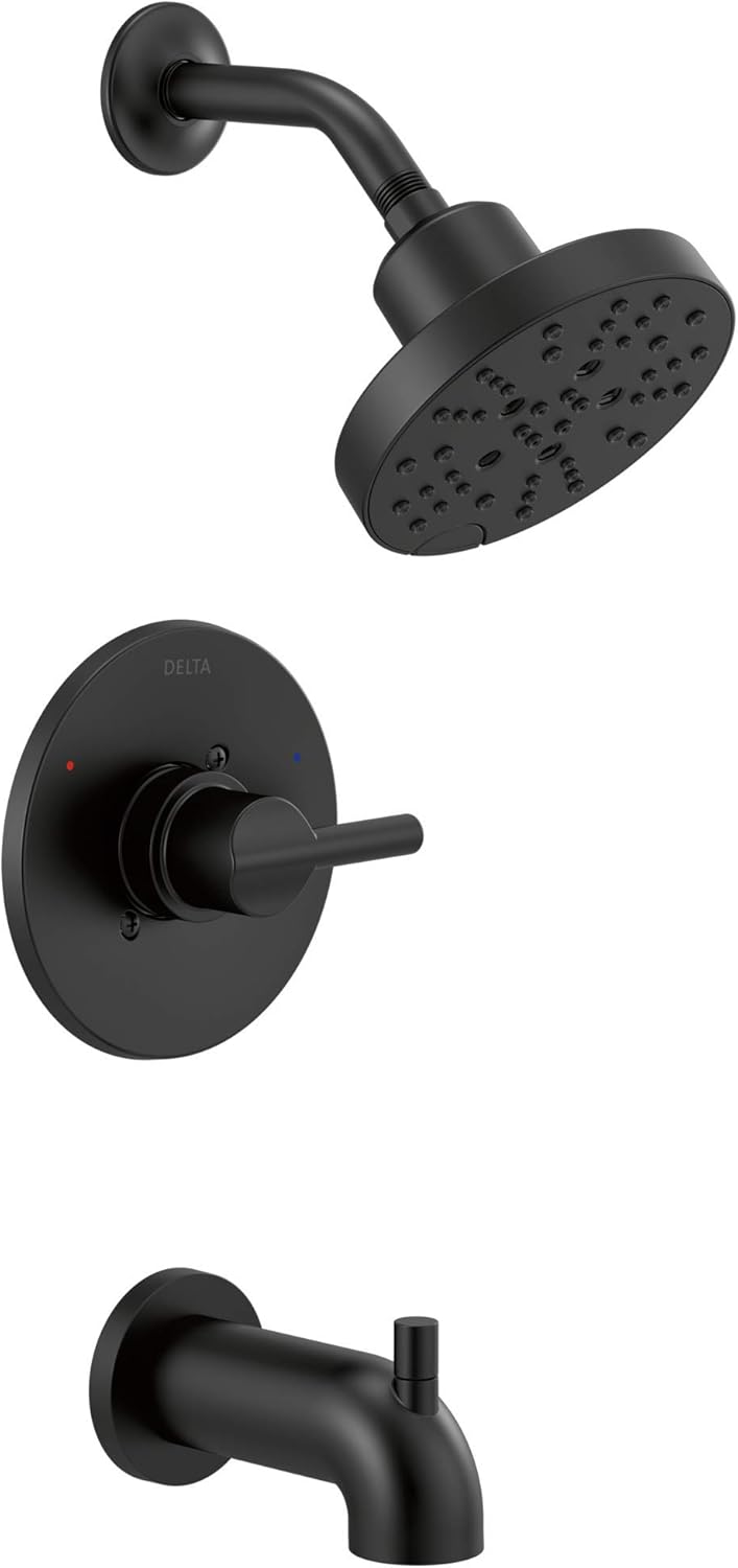 Delta Nicoli 14 Series H2Okinetic Bathtub and Shower Faucet Set, Matte Black Shower Head and Handle Set, Valve Trim Kit, Matte Black 144749-BL (Valve Included)