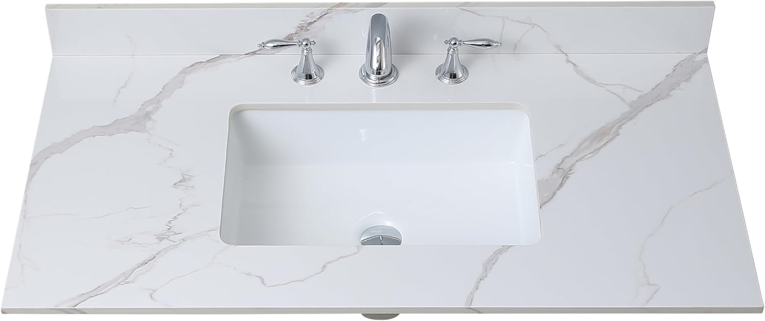Montary 43"x 22" Bathroom Vanity Top with Undermounted Large Ceramic Sink & Backsplash, Sintered Stone Artificial Marble Vanity Sink Tops with 1 Pre-Drilled Hole for Bathroom, Gray Gold Veins