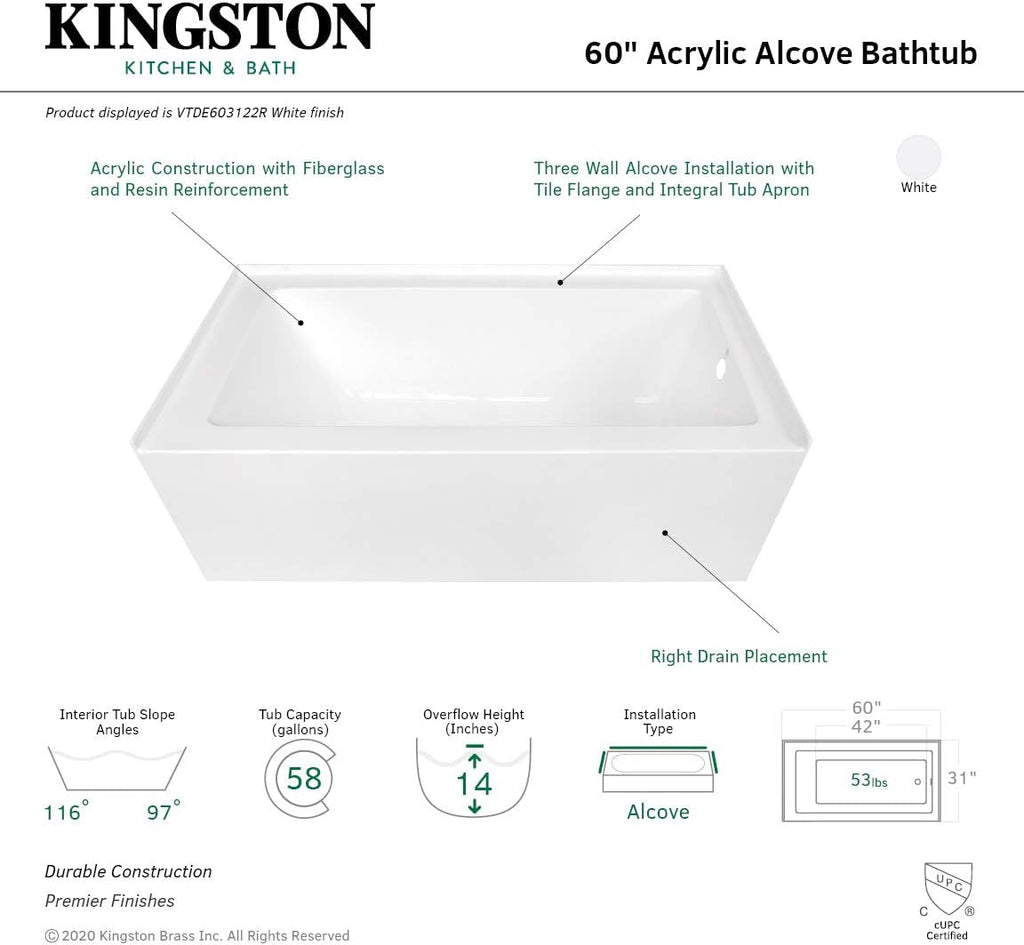 KINGSTON BRASS VTDE603122R 60-Inch Contemporary Alcove Acrylic Bathtub with Right Hand Drain and Overflow Holes, White