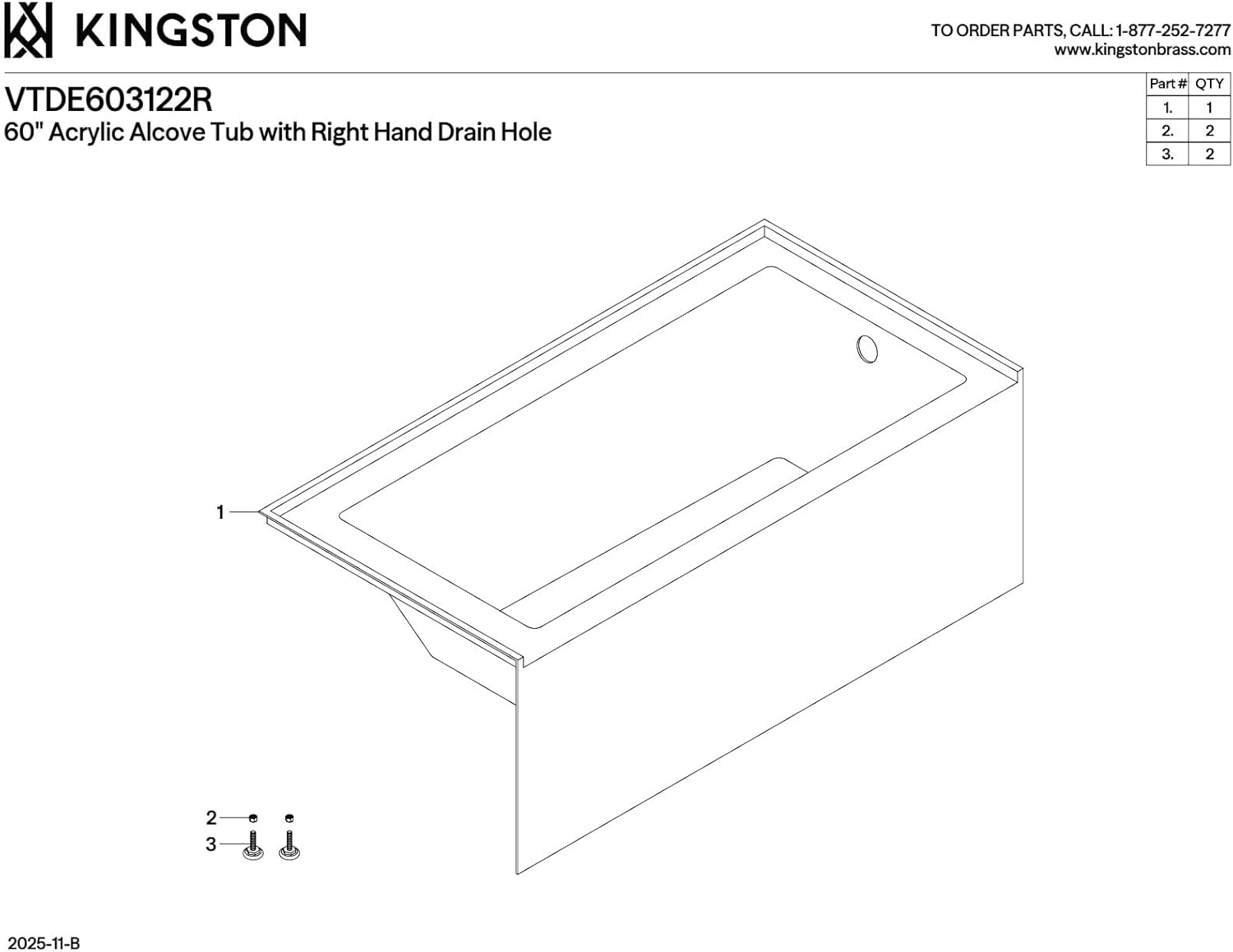 KINGSTON BRASS VTDE603122R 60-Inch Contemporary Alcove Acrylic Bathtub with Right Hand Drain and Overflow Holes, White