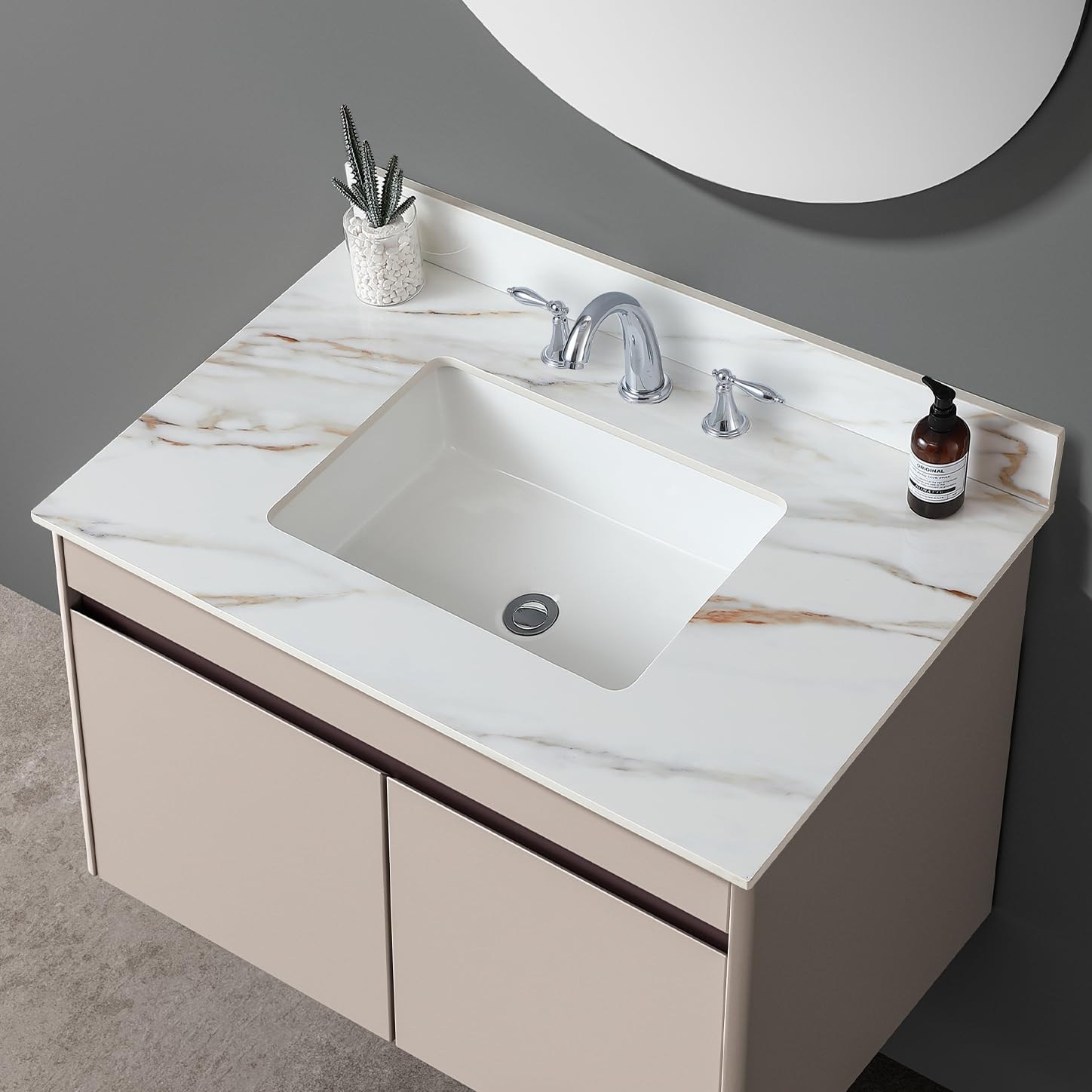 37" Bathroom Vanity Top with Ceramic Undermount Sink & Backsplash,Calacatta Gold Sintered Stone Counter Top, 3 Holes Vanity Sink Top