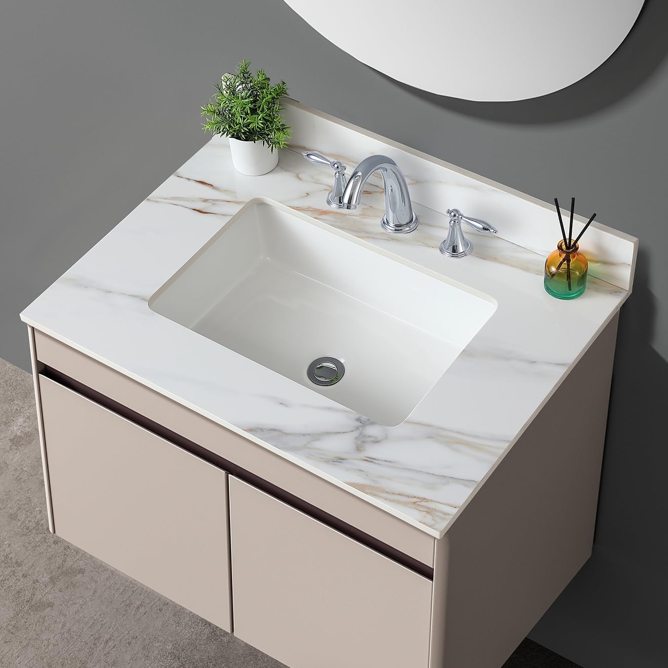 37" Bathroom Vanity Top with Ceramic Undermount Sink & Backsplash,Calacatta Gold Sintered Stone Counter Top, 3 Holes Vanity Sink Top