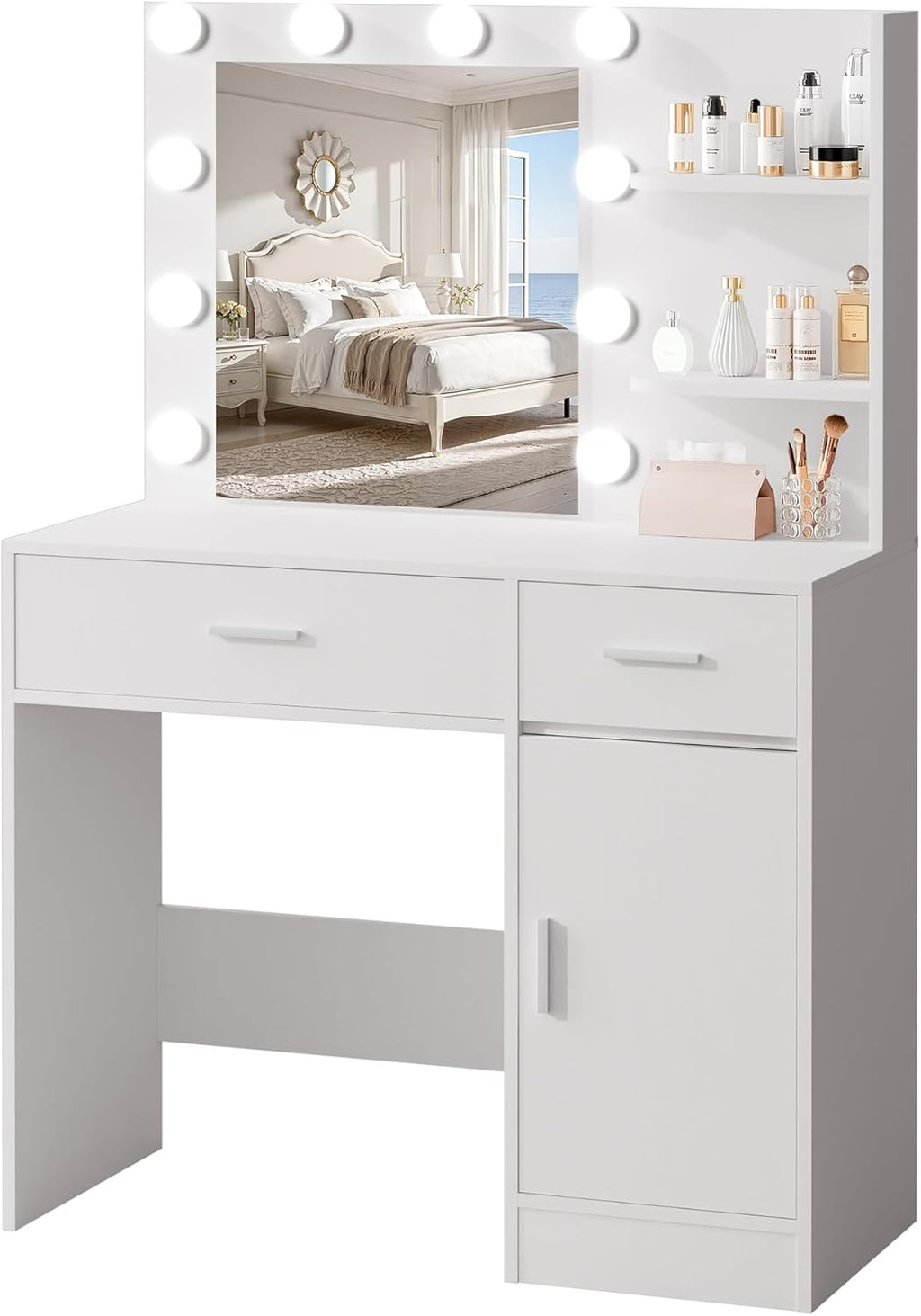 Lighted Makeup Vanity Desk, 35.4“W x 15.7'”D x 54“H, White (with Lights and Mirror, Dimming Function, 2 Drawers and 1 Cabiniet, Open Shelves) by Boahaus