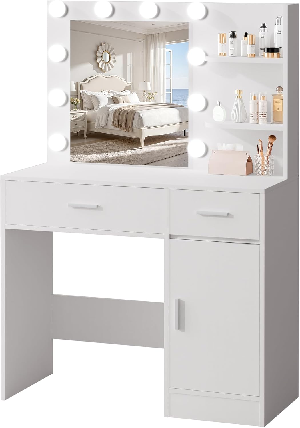 Lighted Makeup Vanity Desk, 35.4“W x 15.7'”D x 54“H, White (with Lights and Mirror, Dimming Function, 2 Drawers and 1 Cabiniet, Open Shelves) by Boahaus