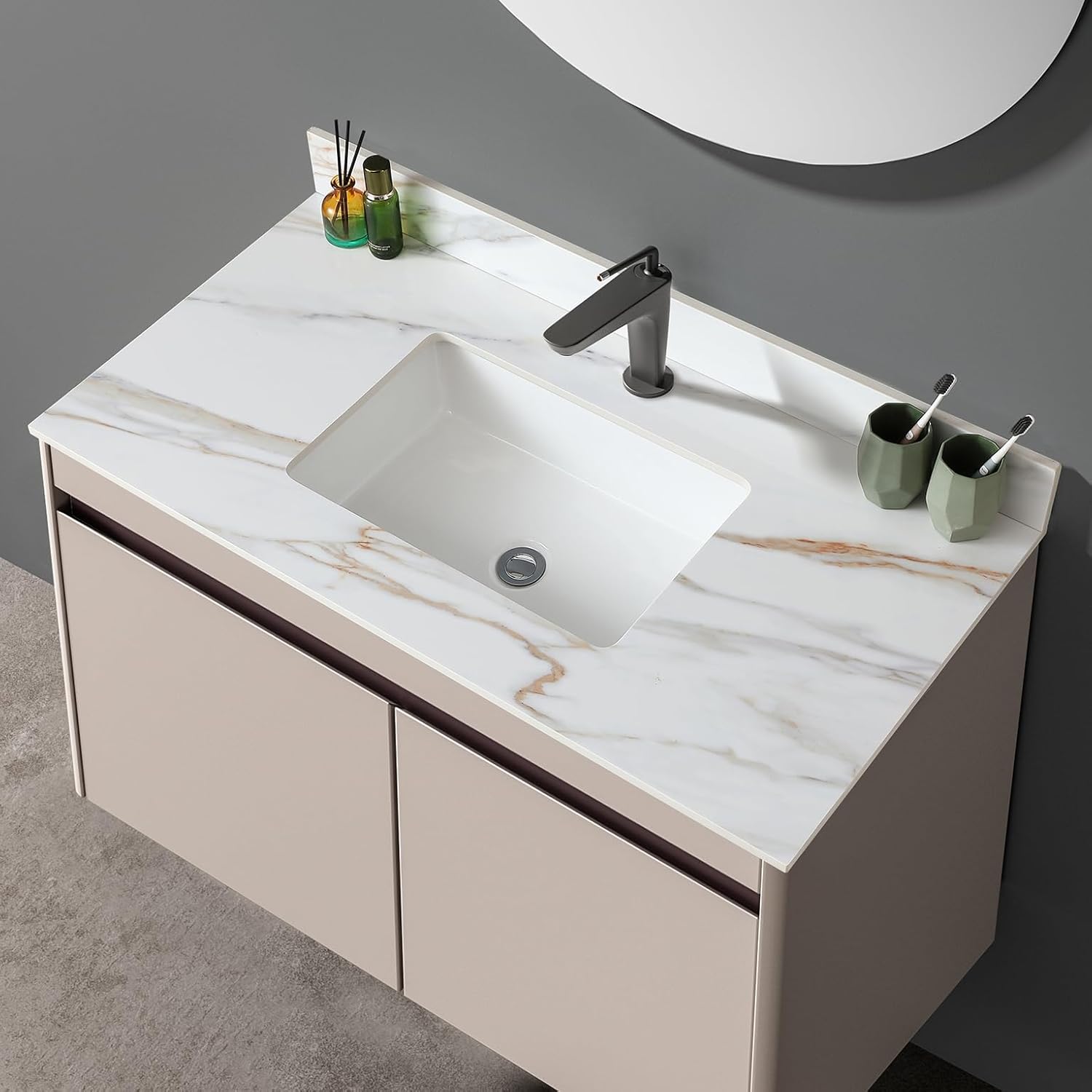 37" Bathroom Vanity Top with Ceramic Undermount Sink & Backsplash,Calacatta Gold Sintered Stone Counter Top, 3 Holes Vanity Sink Top
