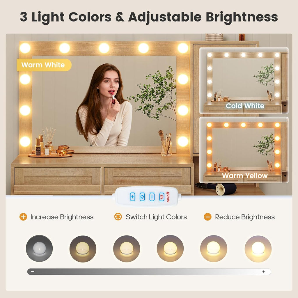 BTHFST Vanity Desk with Large Mirror and Hollywood Style Lights, Makeup Vanity with Charging Station, Makeup Table with 5 Drawers & Dustproof Cabinet, Natural Oak