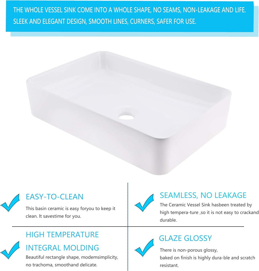 20 Inch Bathroom Sink Rectangular Above Counter, 20x14 Inch Modern White Vessel Sink Porcelain Ceramic Countertop Hand Wash Vessel Vanity Sink Art Basin