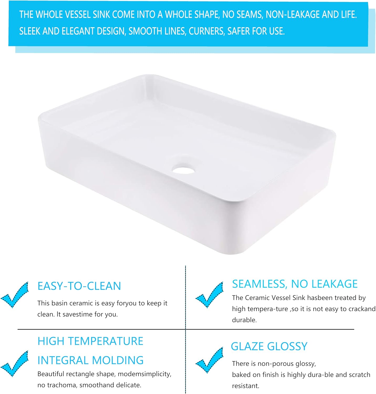 20 Inch Bathroom Sink Rectangular Above Counter, 20x14 Inch Modern White Vessel Sink Porcelain Ceramic Countertop Hand Wash Vessel Vanity Sink Art Basin