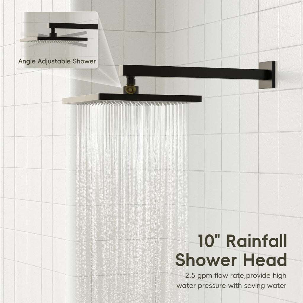 Gabrylly Shower System with Tub Spout, Wall Mounted Tub Shower Faucet Set for Bathroom with High Pressure 10" Rain Shower head and 3-Setting Handheld Shower Head Set, Matte Black