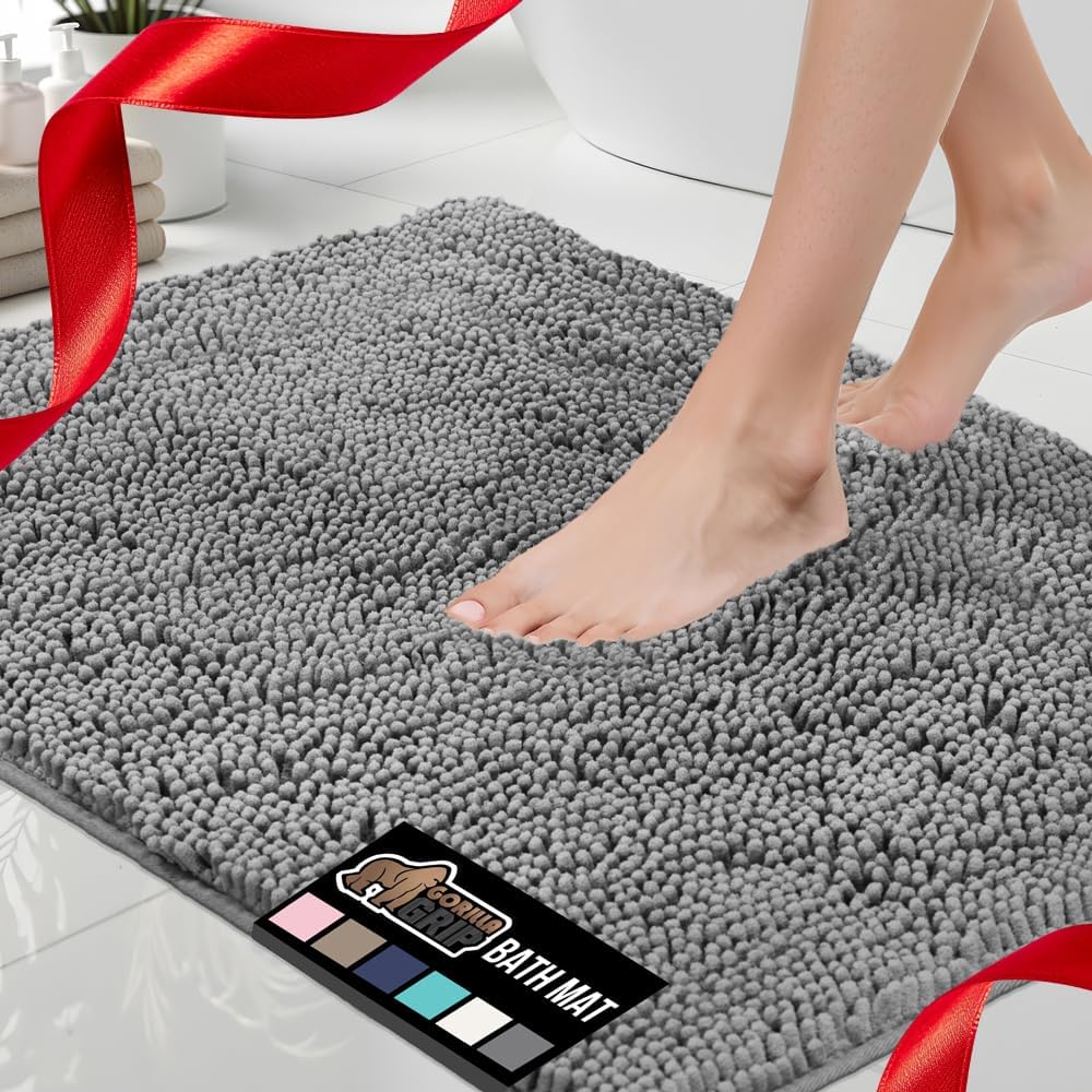 GORILLA GRIP Bath Rug Mat 70x24, Thick Soft Absorbent Chenille, Quick Dry Microfiber Mats, Rubber Backing Washable Shower Floor Rugs, Bathmat Runner, US Designed Bathroom Home Decor Accessories Grey
