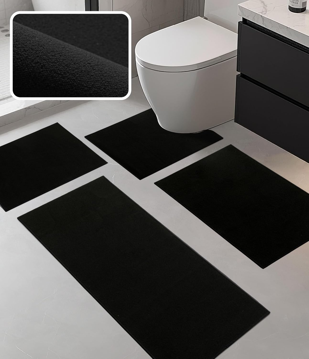 YIHOUSE Bathroom Rug Sets 2 Piece, Ultra Thin Bath Mat Fit Under Door, Quick Dry Absorbent Bath Mat for Bathroom Non Slip Machine Washable Floor Mat (Black, 2 Piece)