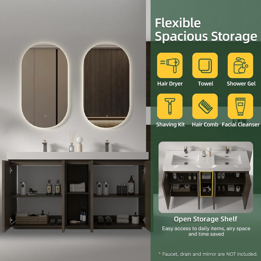 60" Bathroom Vanity with Double Sink, Freestanding Double Sink Bathroom Vanity with White Engineered Stone Top, Open Storage Cabinet & Adjustable Shelf, 4 Soft-Closing Doors, Smoked Oak Brown