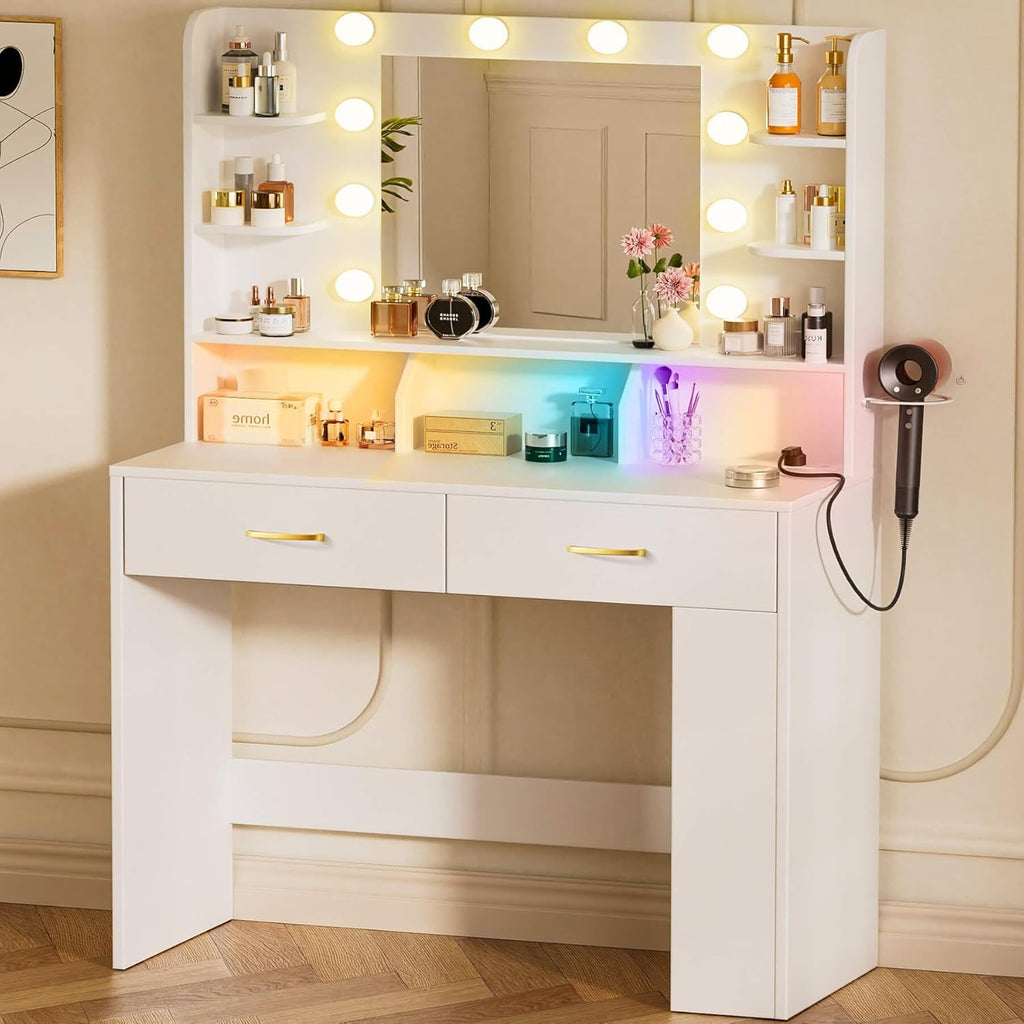 COMHOMA Vanity Desk with Lighted Mirror and Power Outlet, RGB LED Lights Makeup Vanity Set for Girls, Large Storage Capacity Dressing Table for Bedroom, 3 Lighting Modes Adjustable Brightness, White