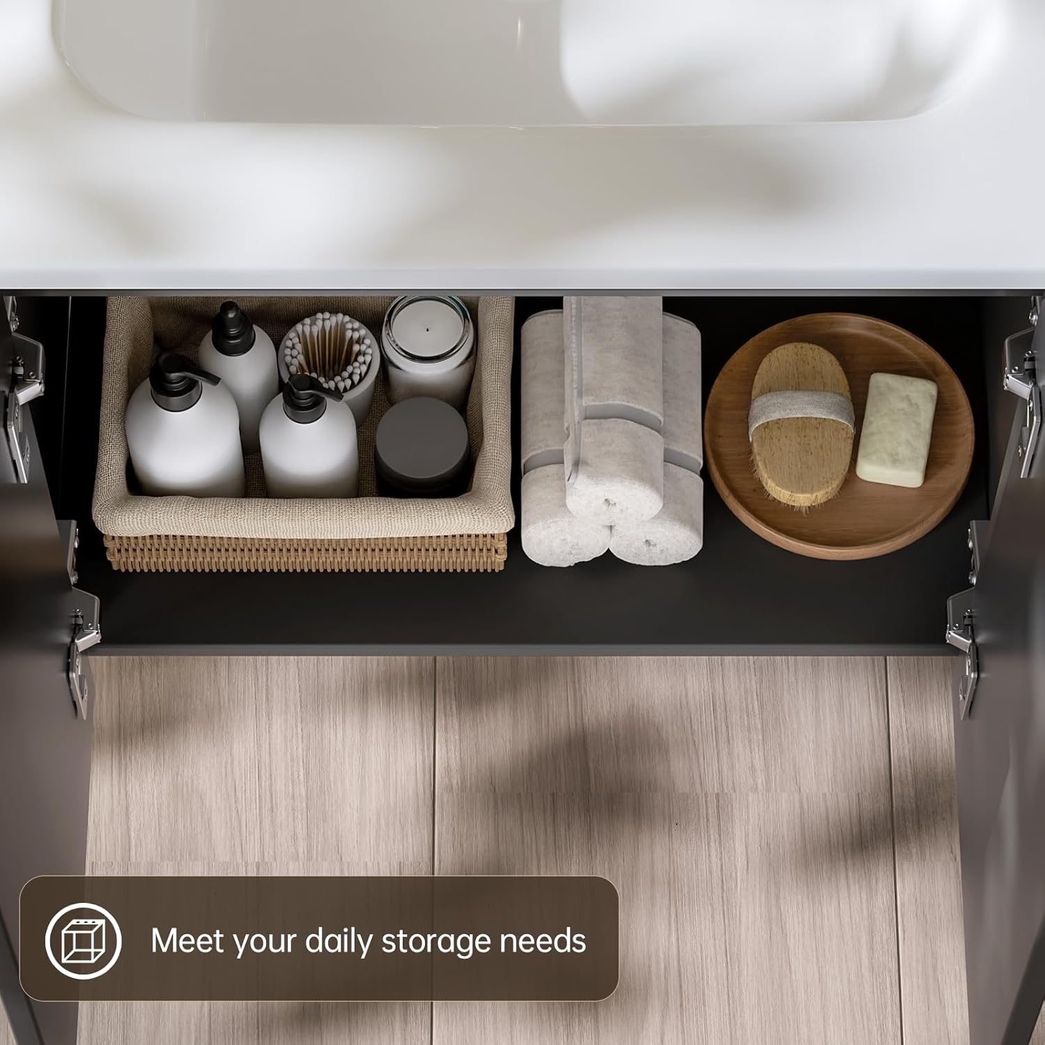 phiestina Pre-Assembled 24 Inch Floating Bathroom Vanity, Wall Mounted Black Cabinet with 2 Soft-Close Doors,3 Holes Ceramic Countertop Sink Combo,No Faucet,BV08-24-BLACK