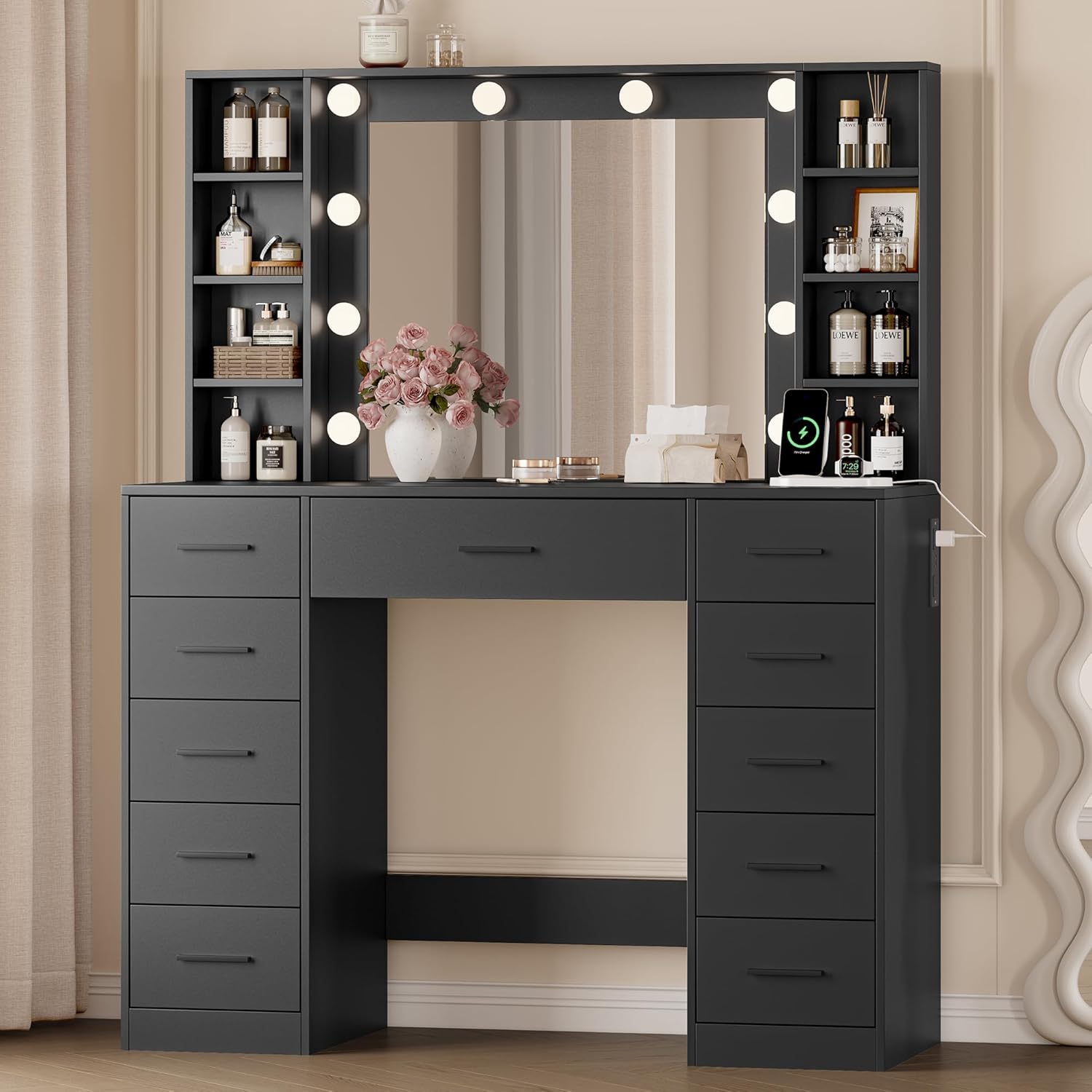 Vanity Desk with Mirror and Lights, 43" White Makeup Vanity Set with 5 Drawers & Glass Cabinets, Storage Stool, Power Outlet & Adjustable LED Lights, Dressing Table for Women & Girls Bedroom