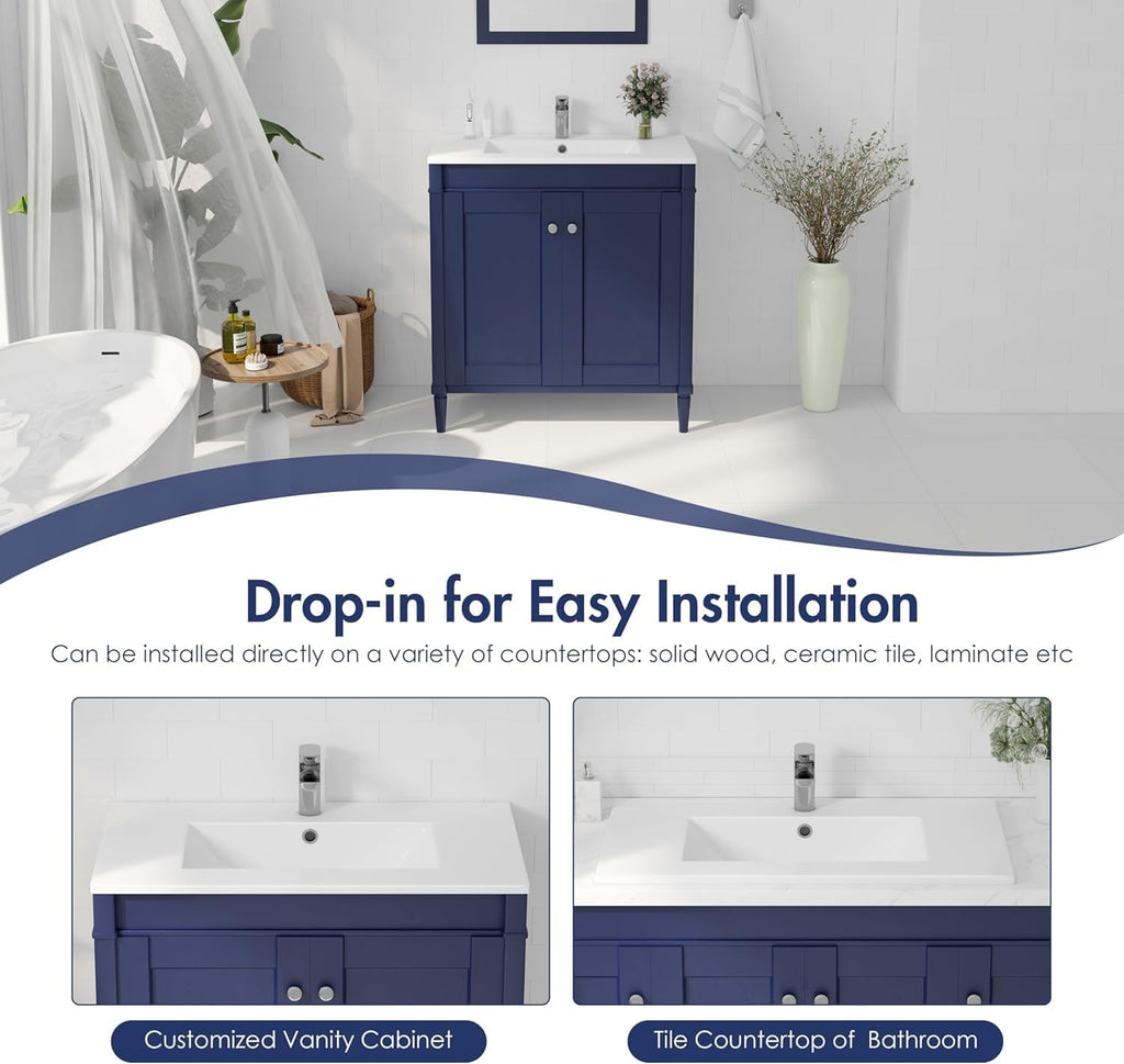 Eridanus 30"x18¼" Bathroom Vessel Sink, Ceramic Bathroom Vanity Sink Top with Overflow, Drop in Bathroom Sink Rectangle Ideal for Small Spaces, Convenient for Storing Personal Items - Glossy White