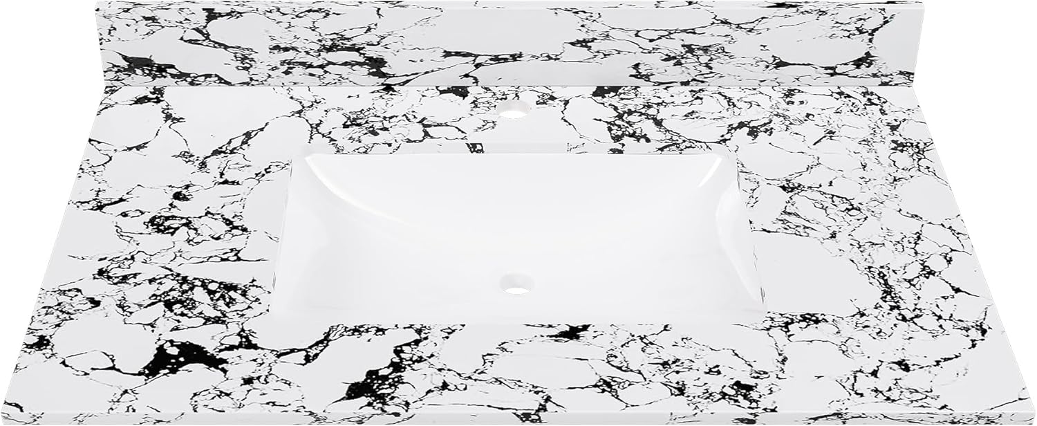 Montary 49"x 22" Artificial Marble Bathroom Vanity Top with Undermounted Ceramic Sink & Backsplash, Engineered Stone Bathroom Vanity Sink Tops with 3 Pre-Drilled Hole, Panda White