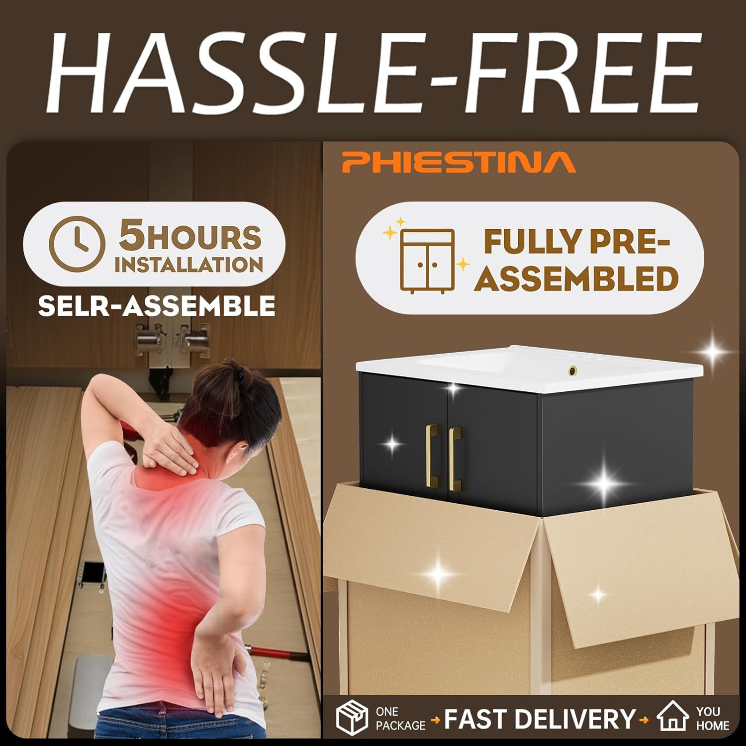 phiestina Pre-Assembled 24 Inch Floating Bathroom Vanity, Wall Mounted Black Cabinet with 2 Soft-Close Doors,3 Holes Ceramic Countertop Sink Combo,No Faucet,BV08-24-BLACK