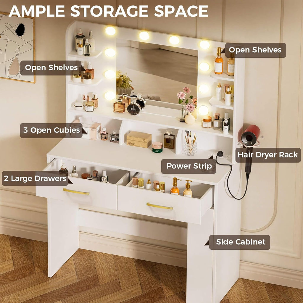 COMHOMA Vanity Desk with Lighted Mirror and Power Outlet, RGB LED Lights Makeup Vanity Set for Girls, Large Storage Capacity Dressing Table for Bedroom, 3 Lighting Modes Adjustable Brightness, White